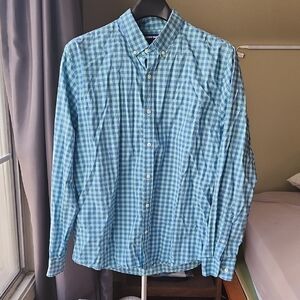 Lands End 100% Cotton Button Down Tailored Fit XL Green Blue Gingham Plaid